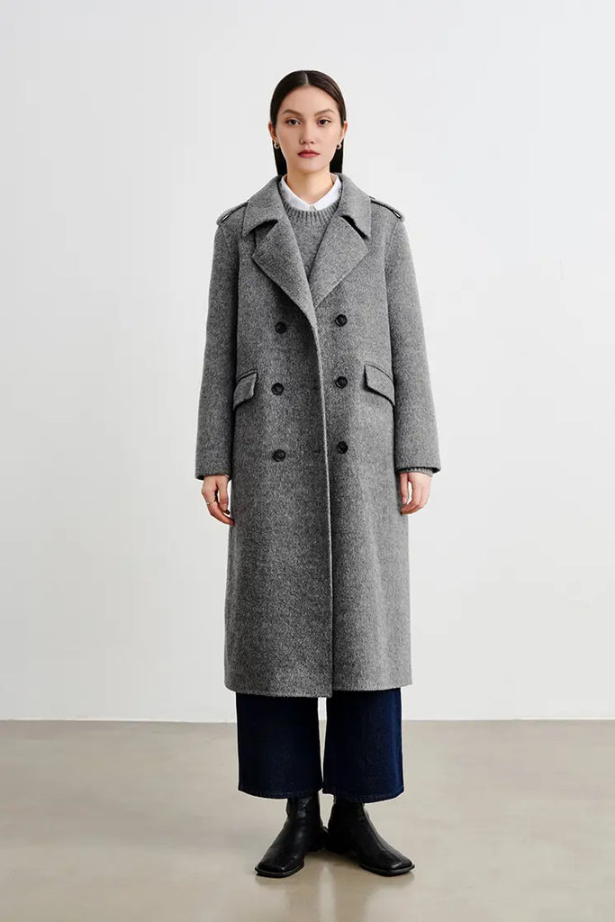 Fibflx Women's Long Double-breasted Wool Coat With Padded Shoulder