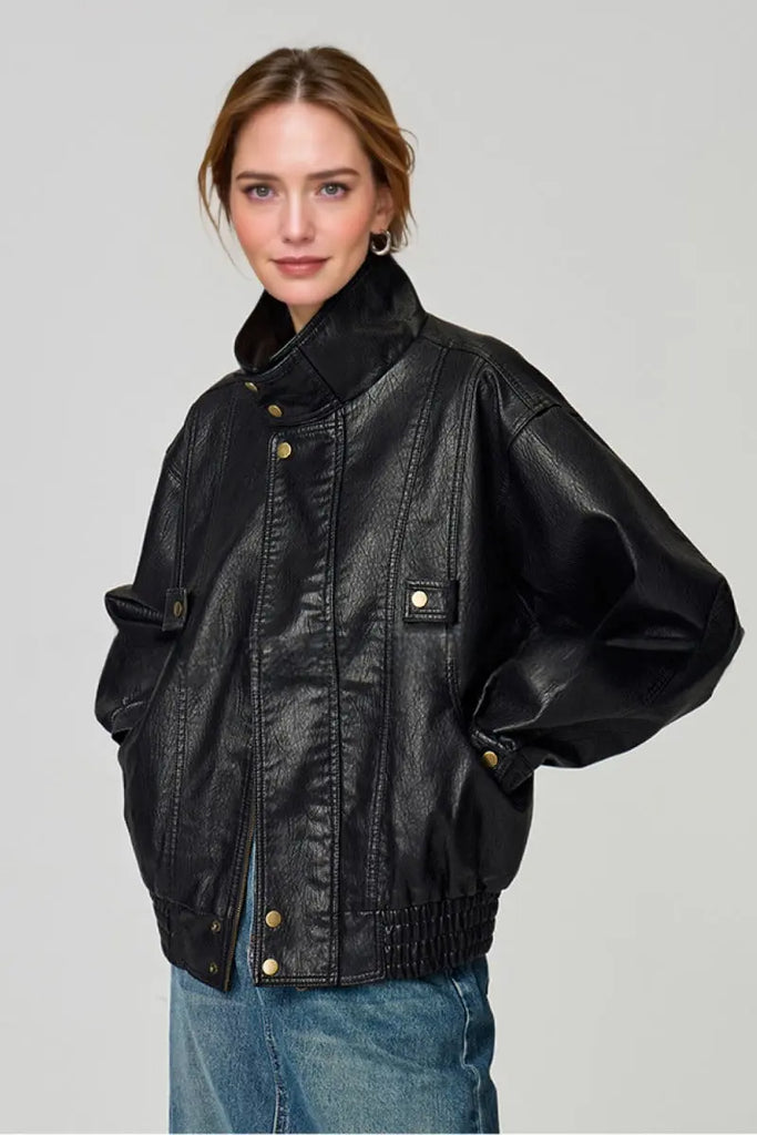Fibflx Women's Classic Faux Leather Bomber Jacket with Stand-Up Collar