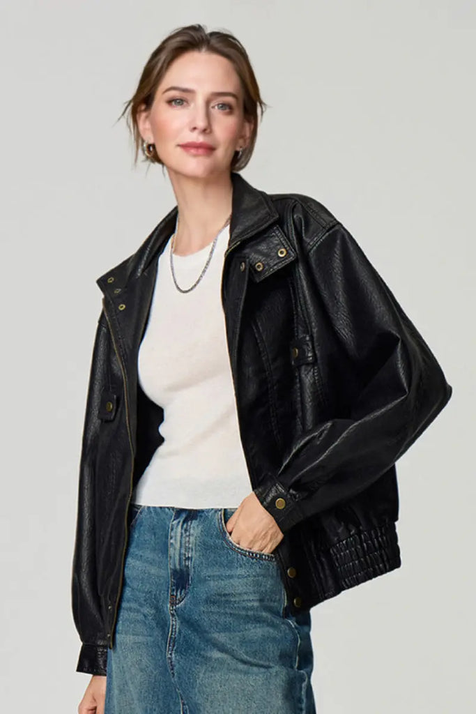 Fibflx Women's Classic Faux Leather Bomber Jacket with Stand-Up Collar