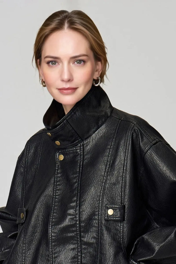 Fibflx Women's Classic Faux Leather Bomber Jacket with Stand-Up Collar