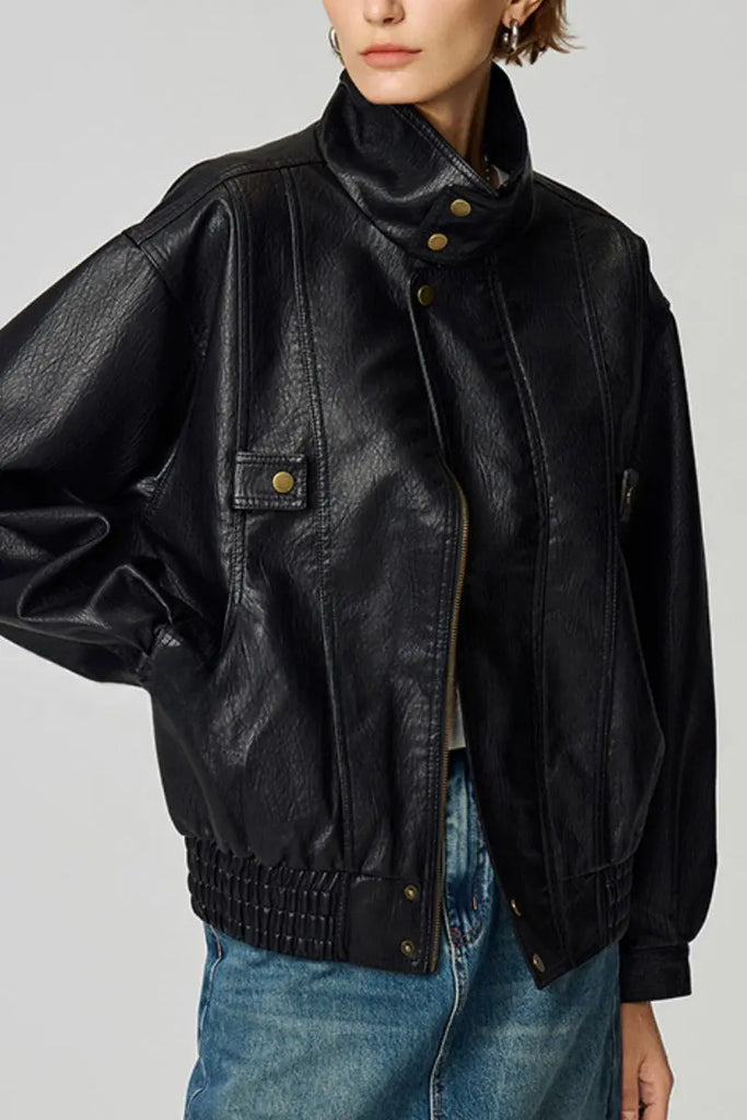 Fibflx Women's Classic Faux Leather Bomber Jacket with Stand-Up Collar