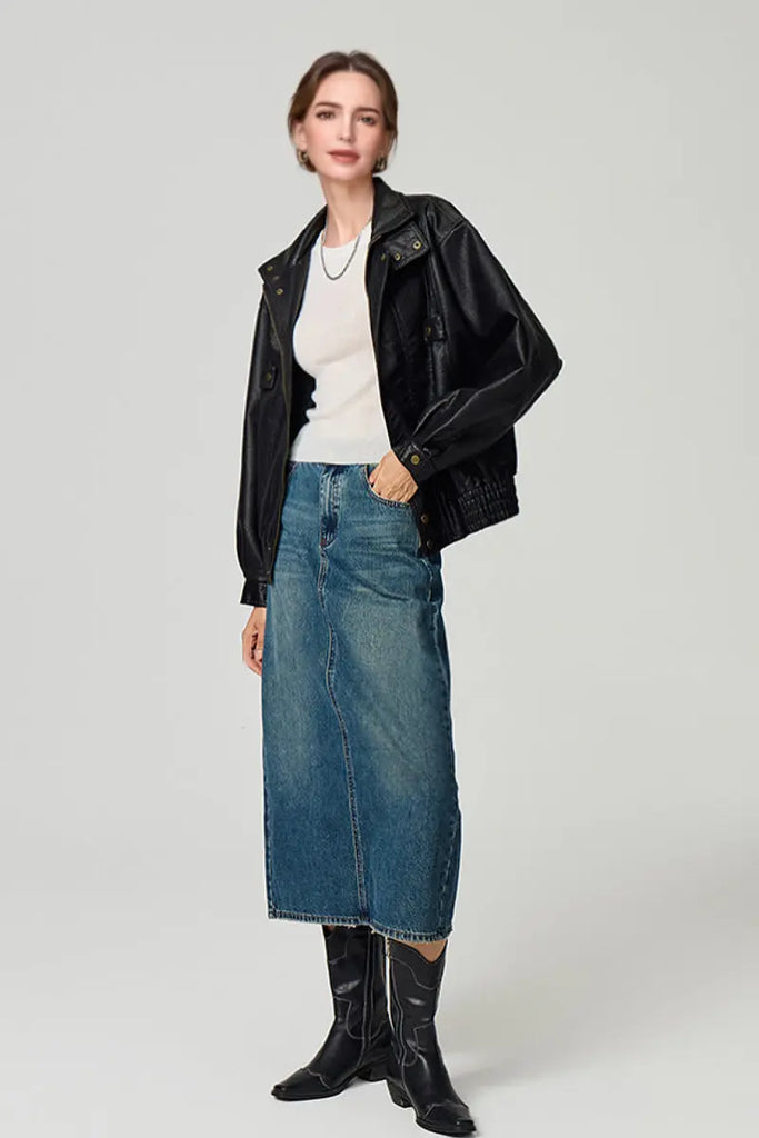 Fibflx Women's Classic Faux Leather Bomber Jacket with Stand-Up Collar