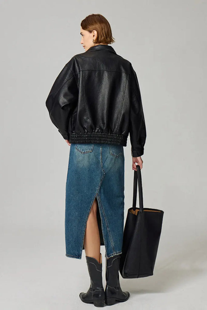 Fibflx Women's Classic Faux Leather Bomber Jacket with Stand-Up Collar