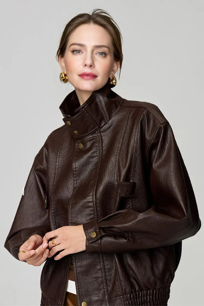 Fibflx Women's Classic Faux Leather Bomber Jacket with Stand-Up Collar