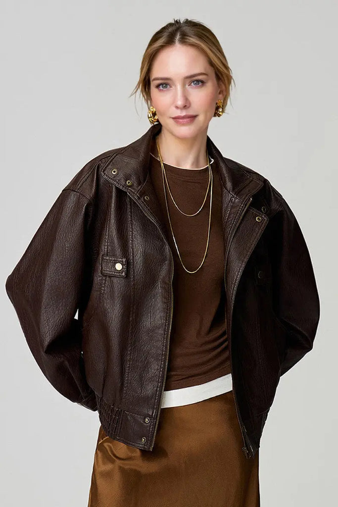 Fibflx Women's Classic Faux Leather Bomber Jacket with Stand-Up Collar
