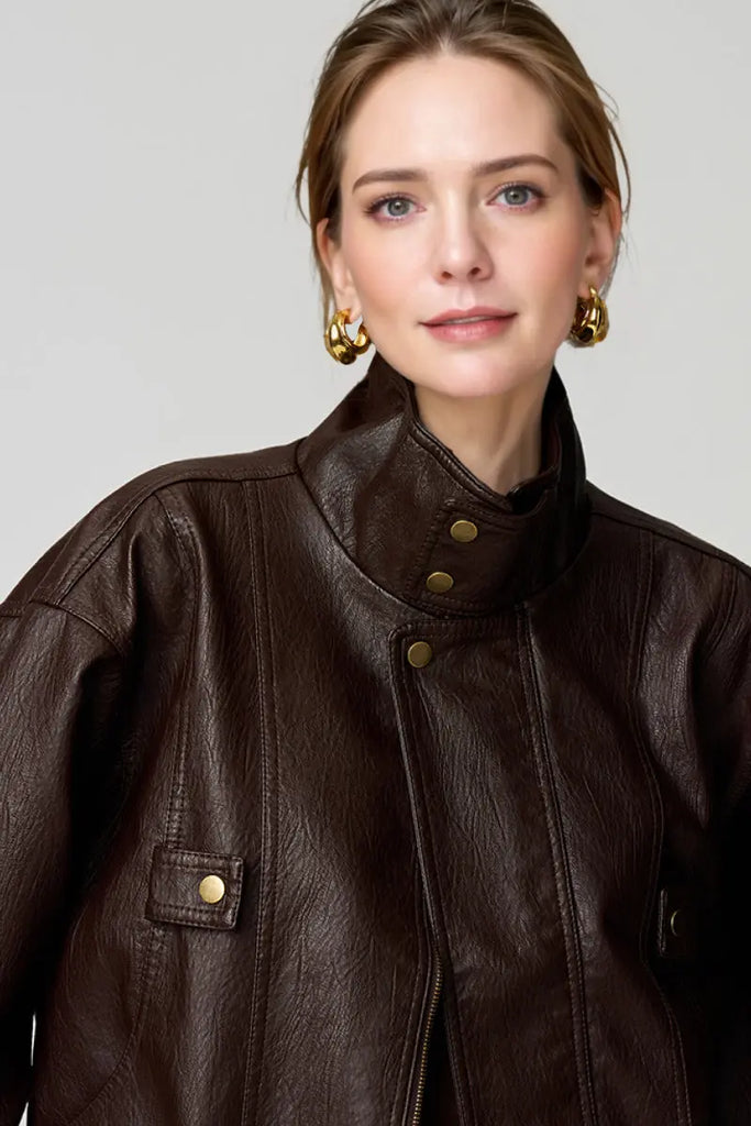 Fibflx Women's Classic Faux Leather Bomber Jacket with Stand-Up Collar