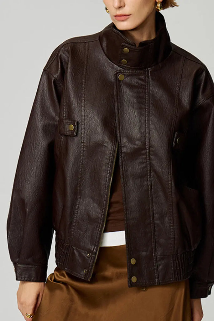 Fibflx Women's Classic Faux Leather Bomber Jacket with Stand-Up Collar