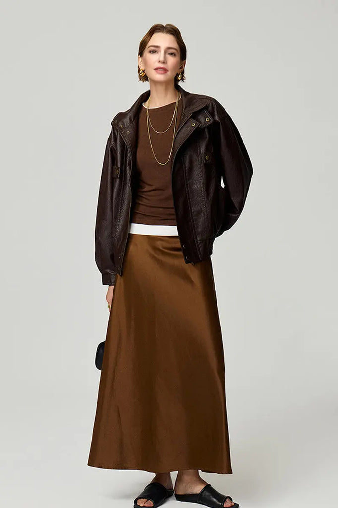 Fibflx Women's Classic Faux Leather Bomber Jacket with Stand-Up Collar