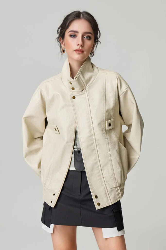 Fibflx Women's Classic Faux Leather Bomber Jacket with Stand-Up Collar