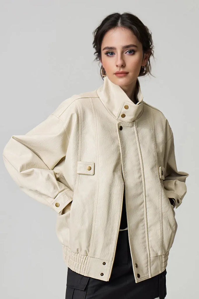 Fibflx Women's Classic Faux Leather Bomber Jacket with Stand-Up Collar