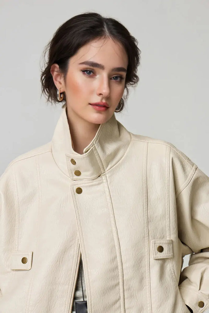 Fibflx Women's Classic Faux Leather Bomber Jacket with Stand-Up Collar