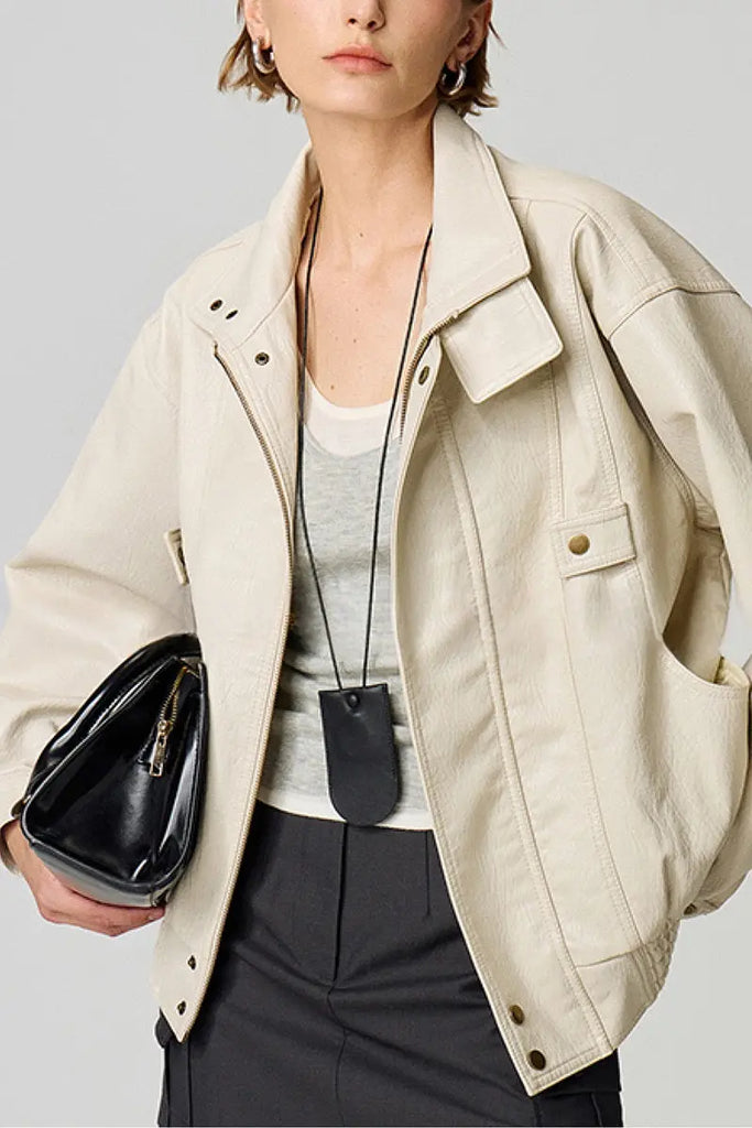 Fibflx Women's Classic Faux Leather Bomber Jacket with Stand-Up Collar