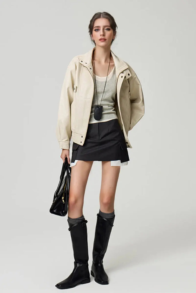 Fibflx Women's Classic Faux Leather Bomber Jacket with Stand-Up Collar