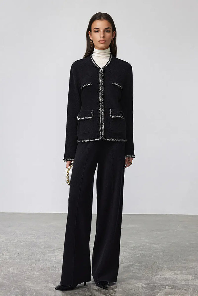 Fibflx Women's Classic French Inspired 100 Wool Crewneck Cardigan With Contrast Trim in Black