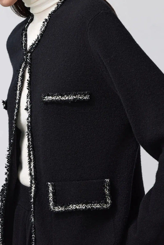 Fibflx Women's Classic French Inspired 100 Wool Crewneck Cardigan With Contrast Trim in Black