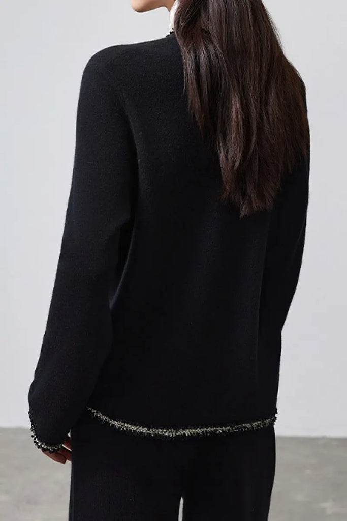 Fibflx Women's Classic French Inspired 100 Wool Crewneck Cardigan With Contrast Trim in Black