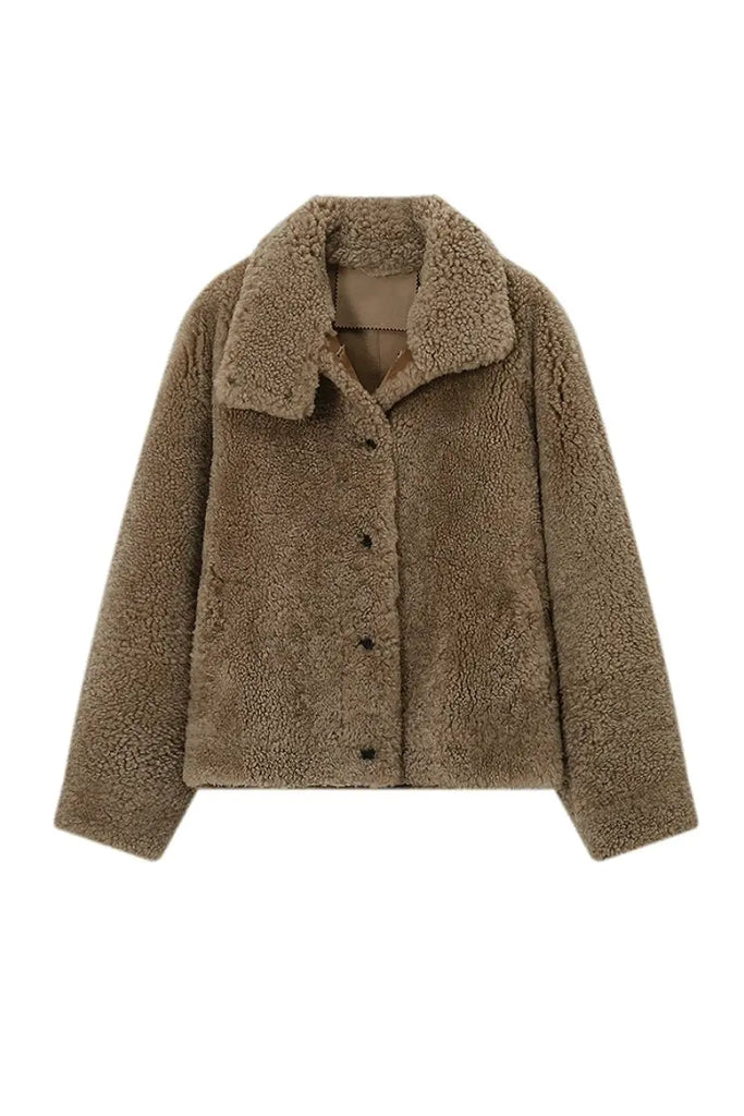 Fibflx Women's Classic French Merino Sheepskin Shearling Jacket with Stand Collar