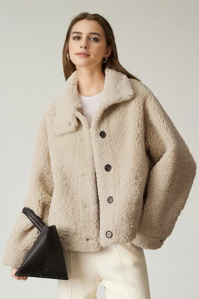 Fibflx Women's Classic French Merino Sheepskin Shearling Jacket with Stand Collar