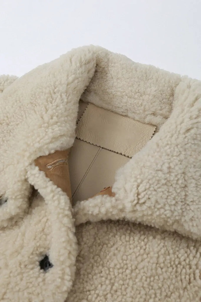 Fibflx Women's Classic French Merino Sheepskin Shearling Jacket with Stand Collar