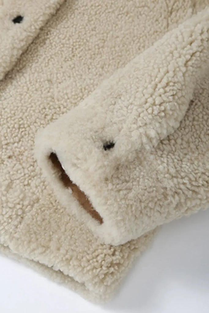 Fibflx Women's Classic French Merino Sheepskin Shearling Jacket with Stand Collar