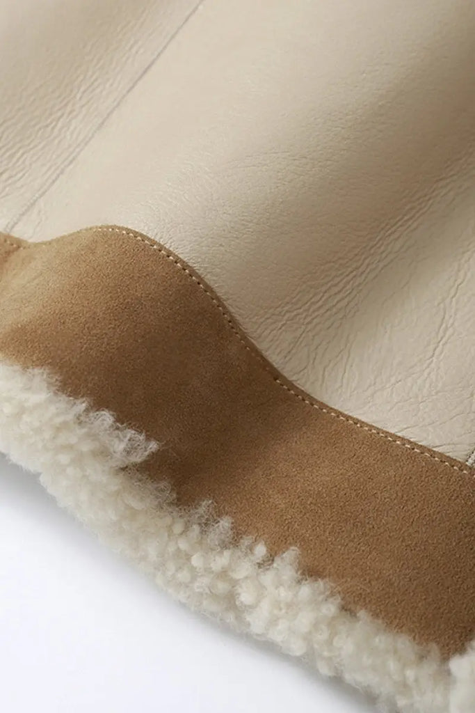 Fibflx Women's Classic French Merino Sheepskin Shearling Jacket with Stand Collar