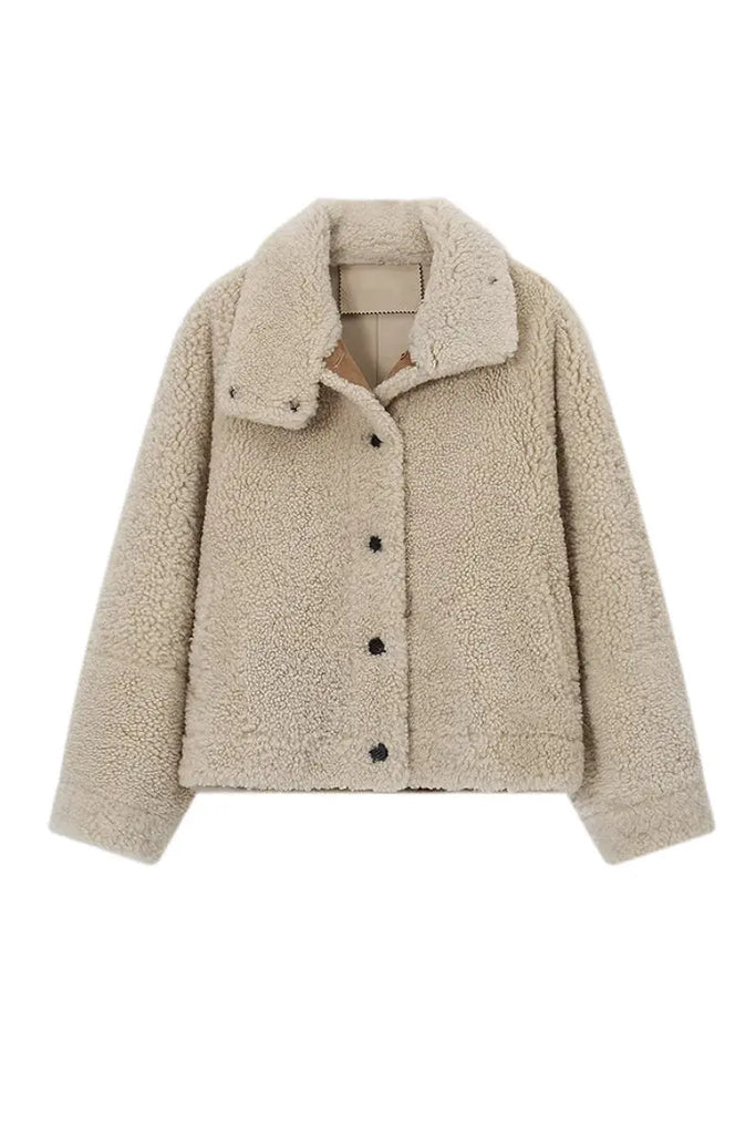 Fibflx Women's Classic French Merino Sheepskin Shearling Jacket with Stand Collar