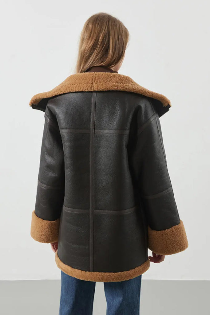 Fibflx Women's Classic Reversible Merino Sheepskin Shearling Coat with Stand Collar