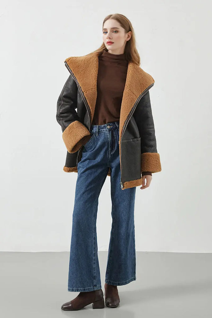 Fibflx Women's Classic Reversible Merino Sheepskin Shearling Coat with Stand Collar