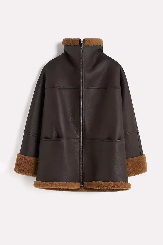 Fibflx Women's Classic Reversible Merino Sheepskin Shearling Coat with Stand Collar