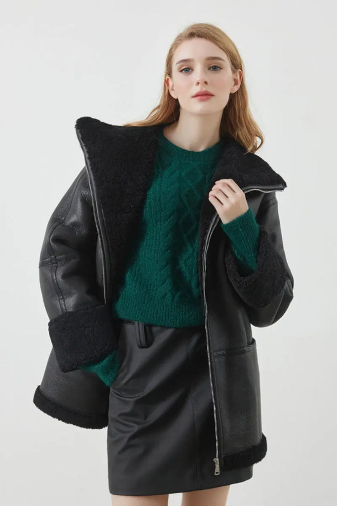 Fibflx Women's Classic Reversible Merino Sheepskin Shearling Coat with Stand Collar