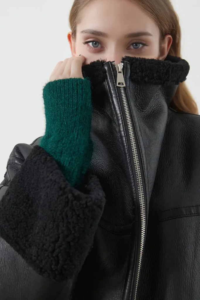 Fibflx Women's Classic Reversible Merino Sheepskin Shearling Coat with Stand Collar