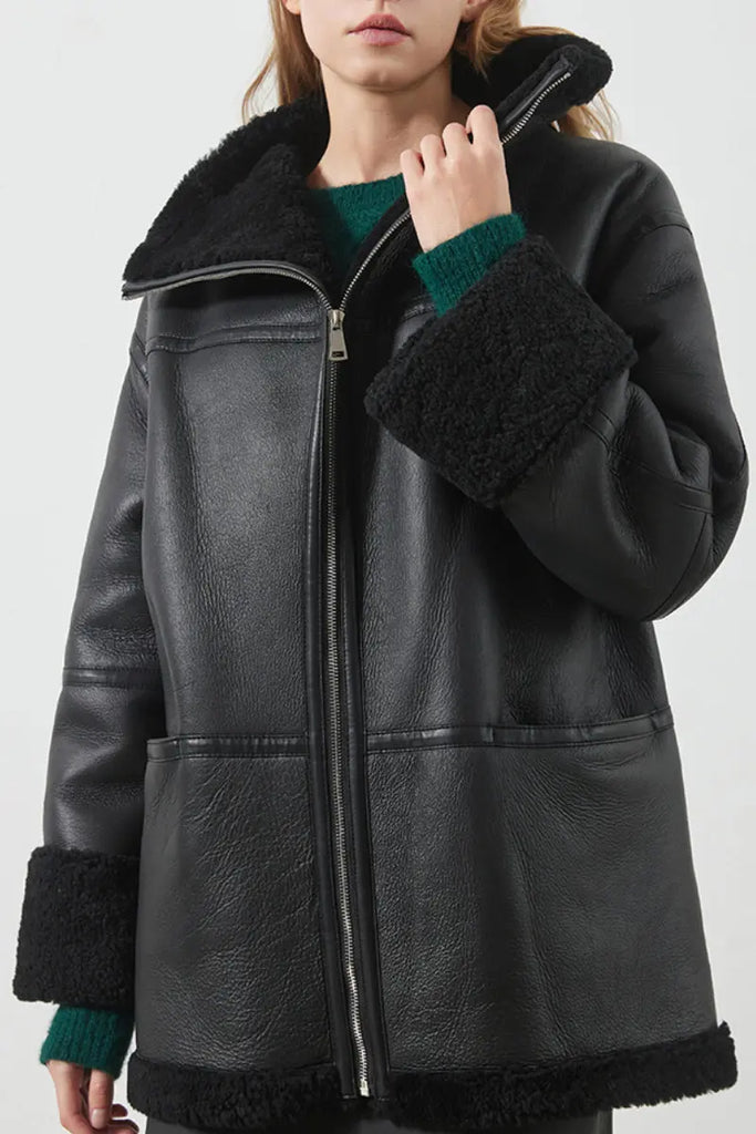 Fibflx Women's Classic Reversible Merino Sheepskin Shearling Coat with Stand Collar