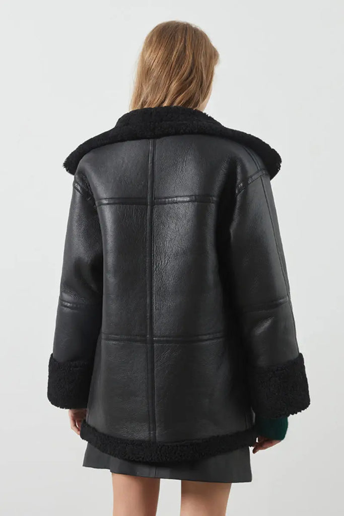 Fibflx Women's Classic Reversible Merino Sheepskin Shearling Coat with Stand Collar