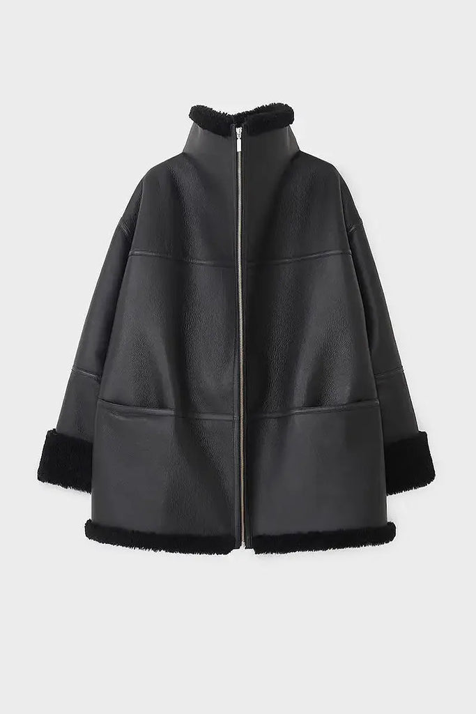 Fibflx Women's Classic Reversible Merino Sheepskin Shearling Coat with Stand Collar