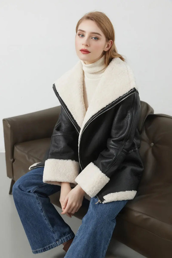 Fibflx Women's Classic Reversible Merino Sheepskin Shearling Coat with Stand Collar