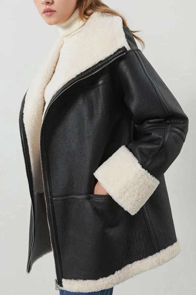 Fibflx Women's Classic Reversible Merino Sheepskin Shearling Coat with Stand Collar
