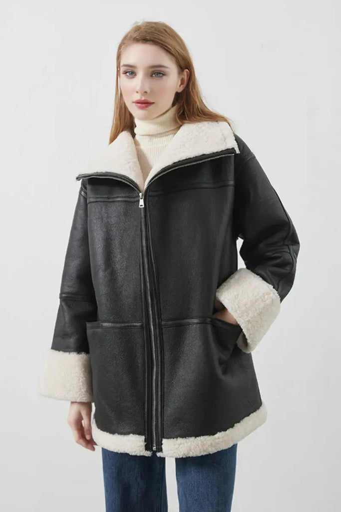Fibflx Women's Classic Reversible Merino Sheepskin Shearling Coat with Stand Collar