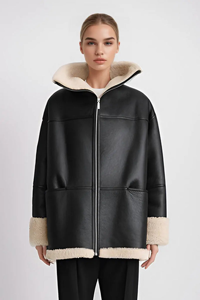 Fibflx Women's Classic Reversible Merino Sheepskin Shearling Coat with Stand Collar