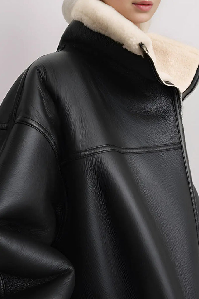 Fibflx Women's Classic Reversible Merino Sheepskin Shearling Coat with Stand Collar