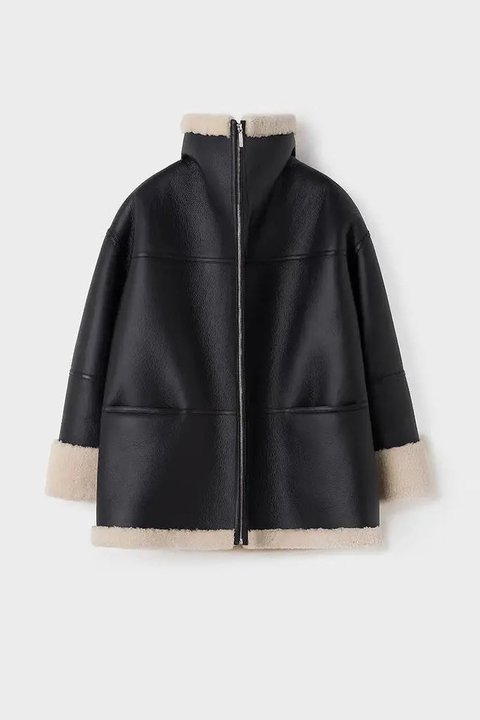 Fibflx Women's Classic Reversible Merino Sheepskin Shearling Coat with Stand Collar