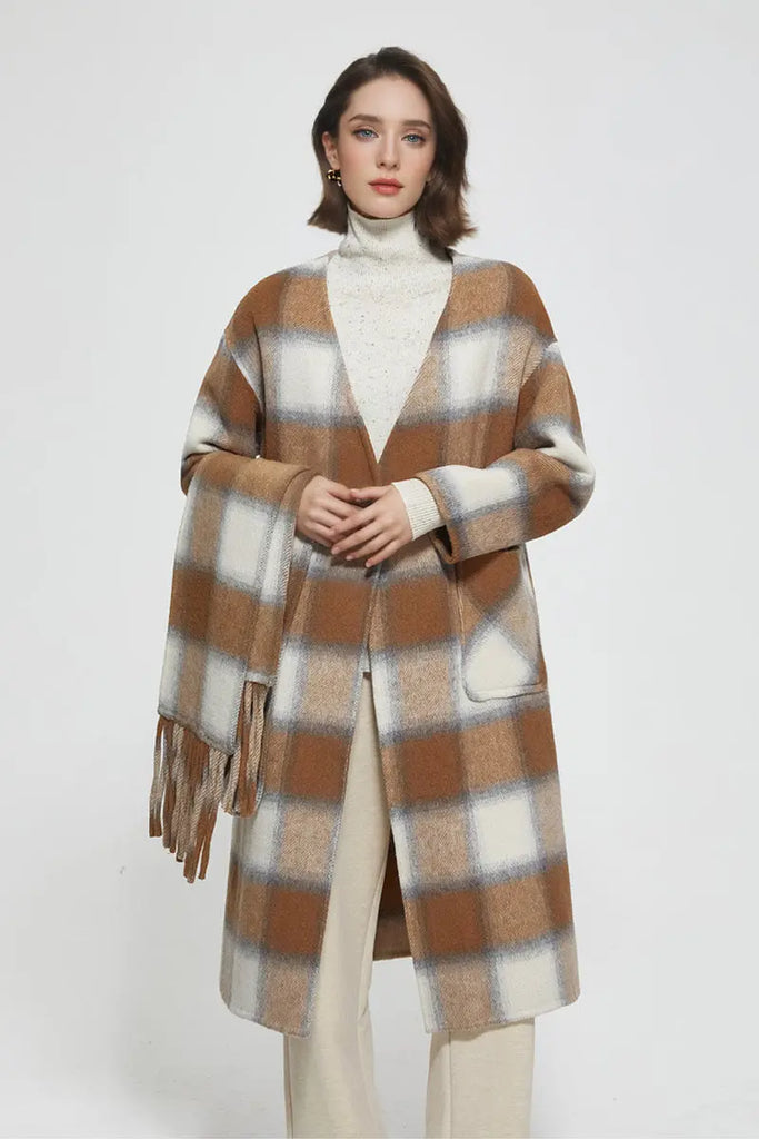 Fibflx Women's Collarless Double Faced Plaid Wool Coat