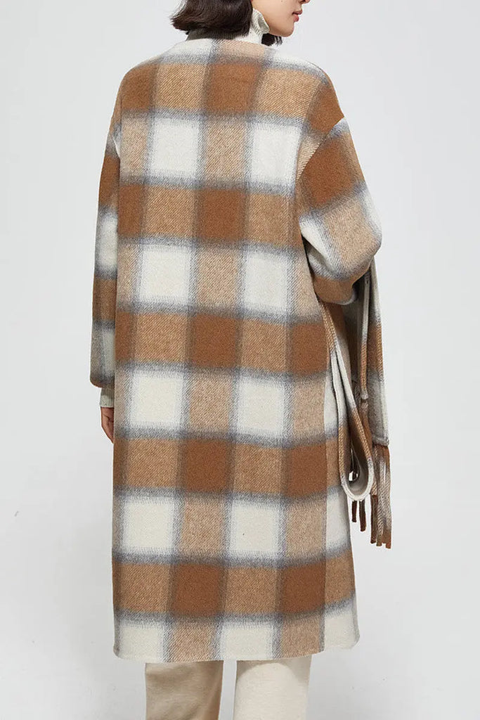 Fibflx Women's Collarless Double Faced Plaid Wool Coat