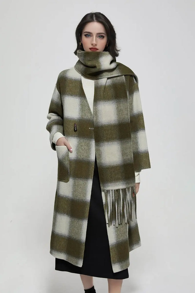 Fibflx Women's Collarless Double Faced Plaid Wool Coat
