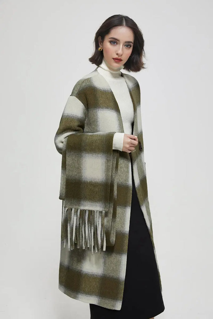 Fibflx Women's Collarless Double Faced Plaid Wool Coat