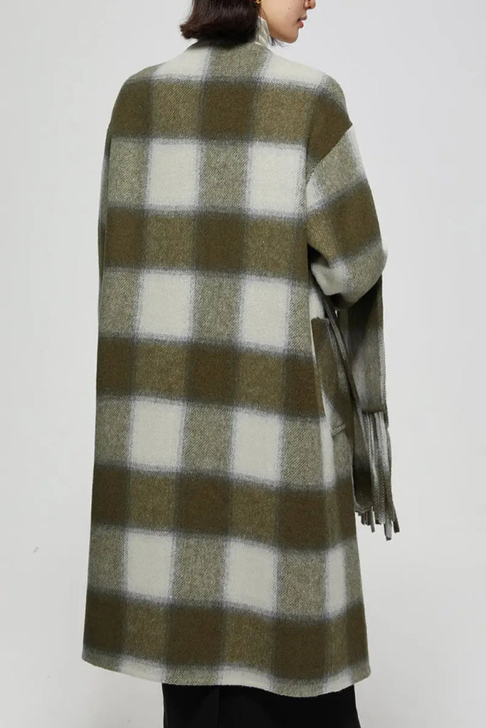 Fibflx Women's Collarless Double Faced Plaid Wool Coat