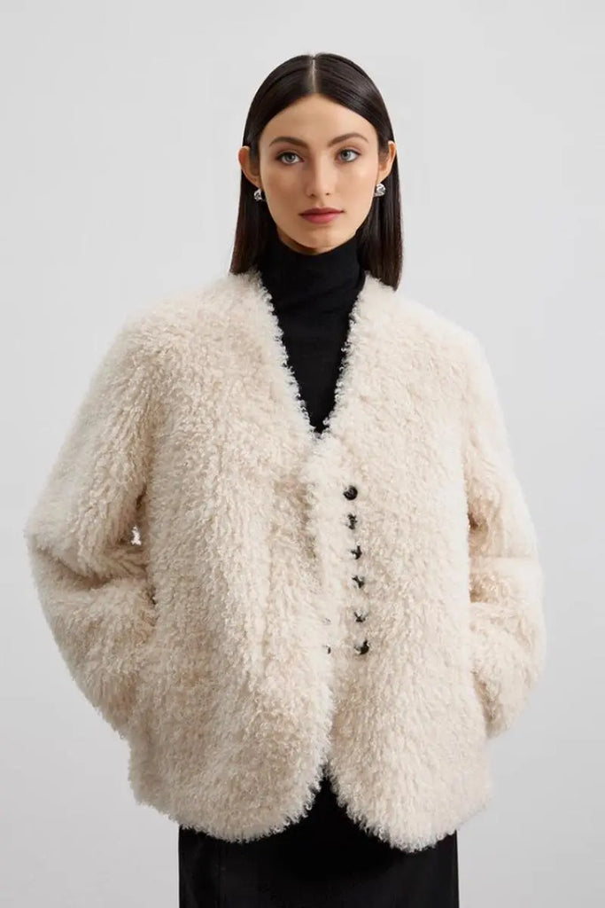 Fibflx Women's Collarless Faux Shearling & Faux Suede Jacket