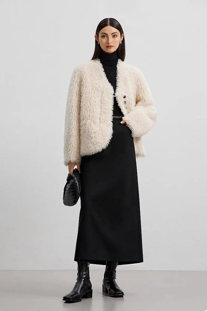 Fibflx Women's Collarless Faux Shearling & Faux Suede Jacket