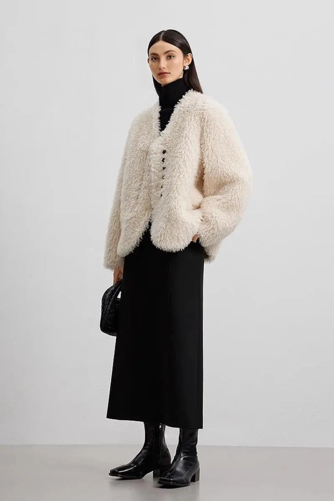 Fibflx Women's Collarless Faux Shearling & Faux Suede Jacket