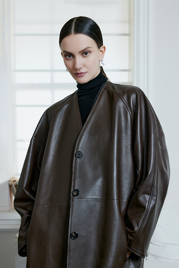 Collarless V Neck Single-breasted Knee-length Leather Coat with Belt Fibflx