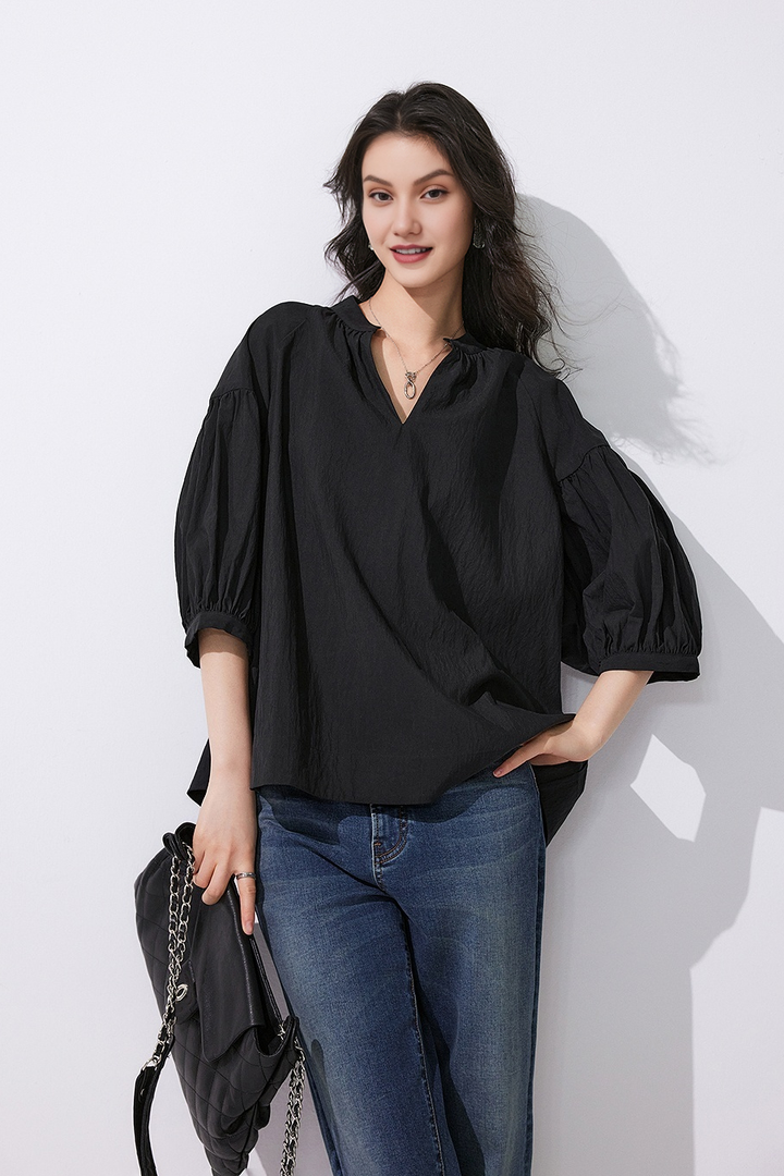 Fibflx Women's Collarless V Neck T Shirt with Pleated Sleeves